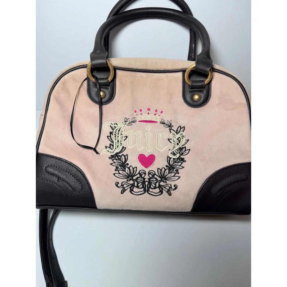 Juicy Couture Satchel Bag Women Small Pink Velour Embroidered Heart Crossbody